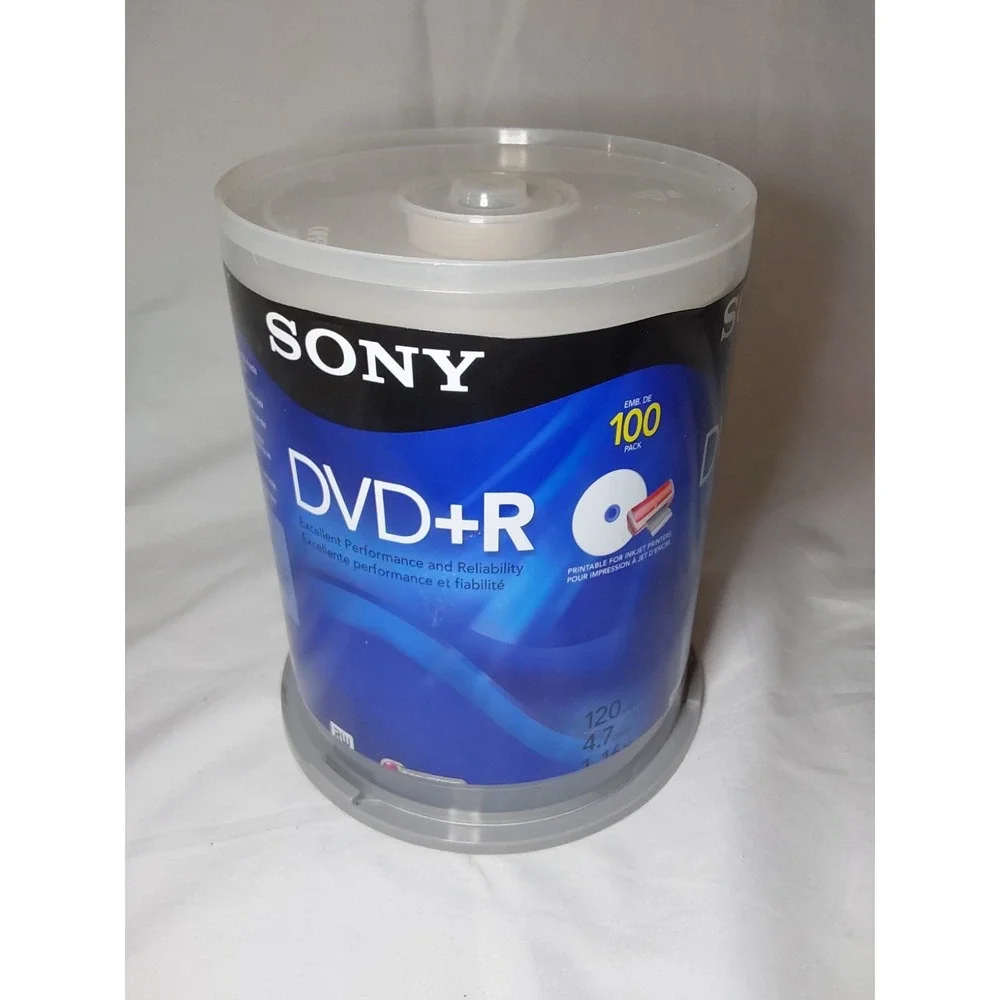 NEW Sony DVD+R 4.7GB 120min 1-16X Recordable Blank Printable 100 Discs Pack